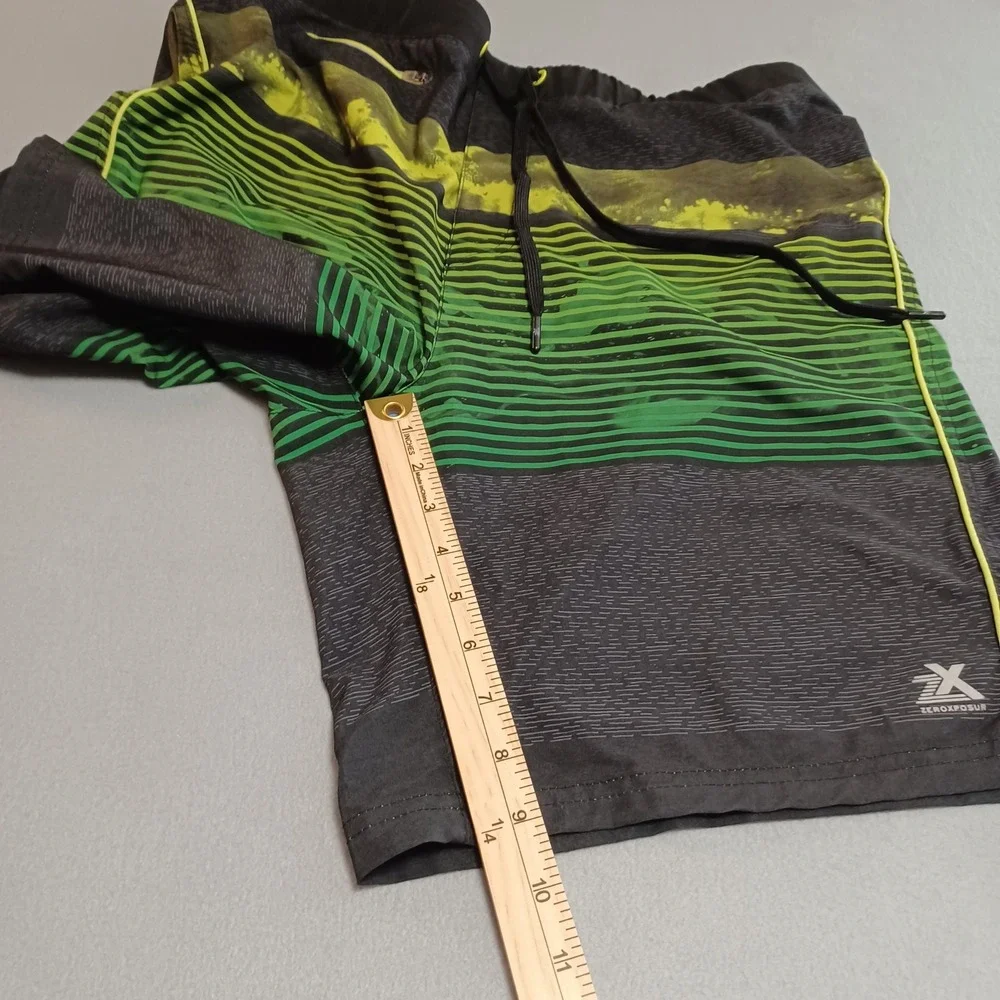 ZeroXposur Mens Board Shorts XL Black Grn Neon Striped Swim Trunks Zipper Pocket